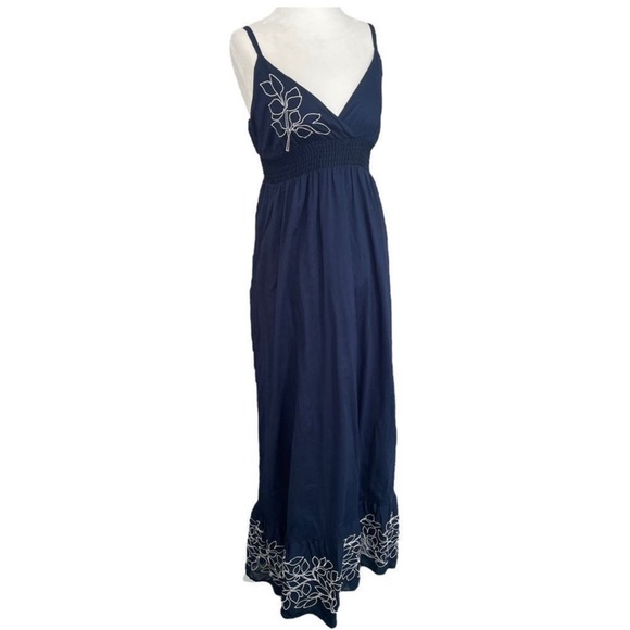 Gap Cotton Embroidered Floral Navy Blue White Spaghetti Strap Ruffle Maxi Dress - Picture 1 of 9